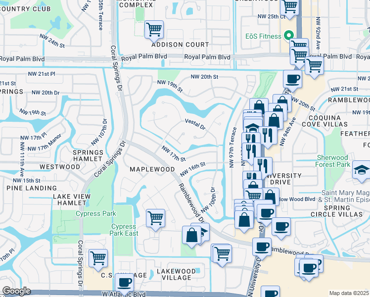 map of restaurants, bars, coffee shops, grocery stores, and more near 10093 Northwest 17th Street in Coral Springs