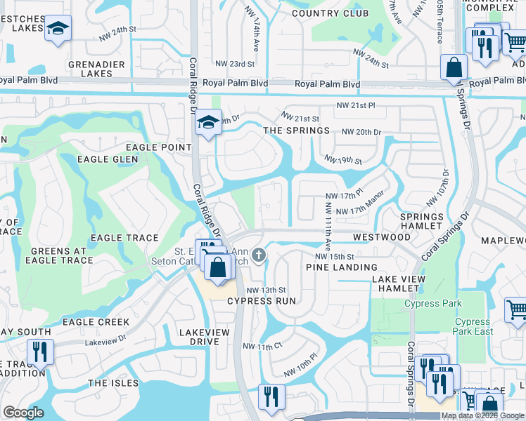 map of restaurants, bars, coffee shops, grocery stores, and more near 11323 Lakeview Drive in Coral Springs