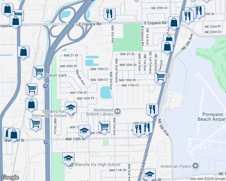 map of restaurants, bars, coffee shops, grocery stores, and more near 1681 Northwest 2nd Terrace in Pompano Beach