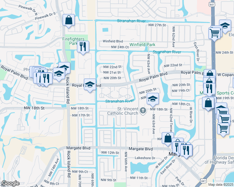 map of restaurants, bars, coffee shops, grocery stores, and more near 6750 Royal Palm Boulevard in Margate