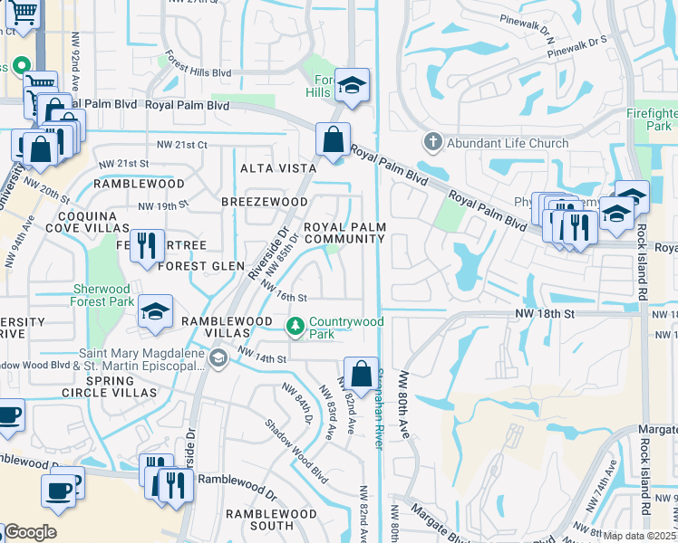 map of restaurants, bars, coffee shops, grocery stores, and more near 1721 Northwest 84th Drive in Coral Springs