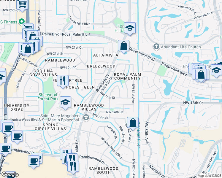 map of restaurants, bars, coffee shops, grocery stores, and more near 8398 Northwest 17th Court in Coral Springs