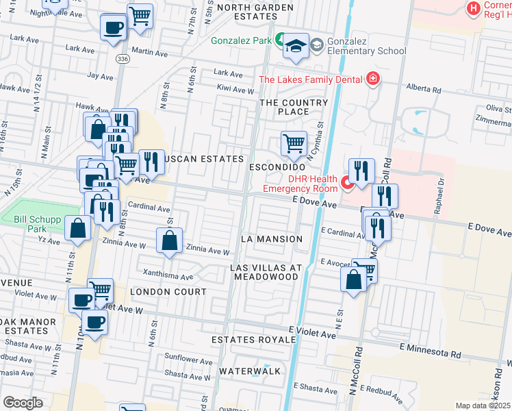 map of restaurants, bars, coffee shops, grocery stores, and more near 5513 North 1st Lane in McAllen