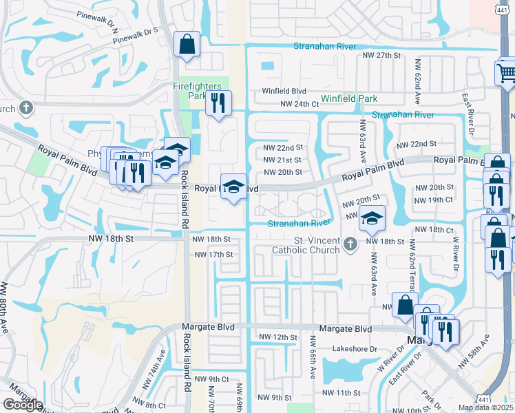 map of restaurants, bars, coffee shops, grocery stores, and more near 6870 Royal Palm Boulevard in Margate
