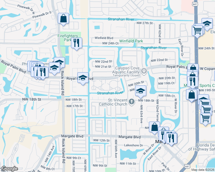 map of restaurants, bars, coffee shops, grocery stores, and more near 6750 Royal Palm Boulevard in Margate