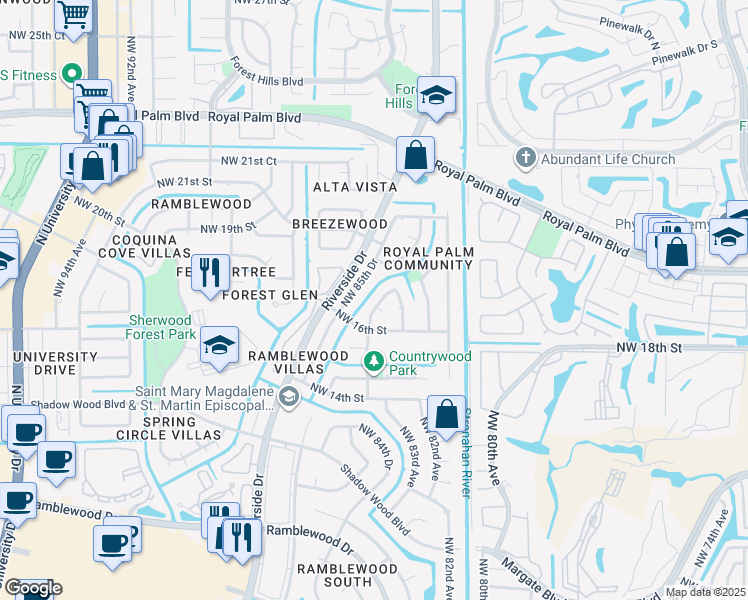 map of restaurants, bars, coffee shops, grocery stores, and more near 8398 Northwest 17th Court in Coral Springs