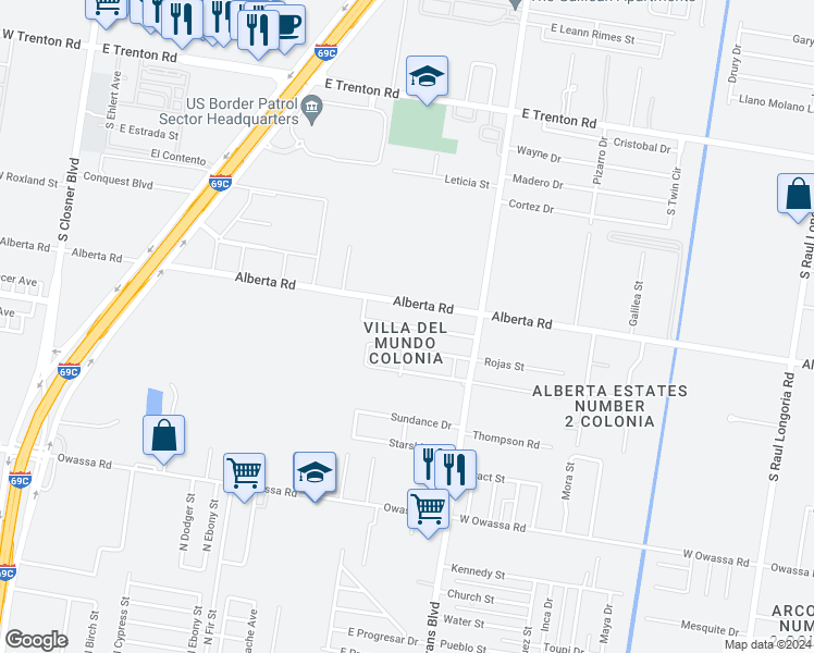 map of restaurants, bars, coffee shops, grocery stores, and more near 1013 Esperanza Street in Edinburg