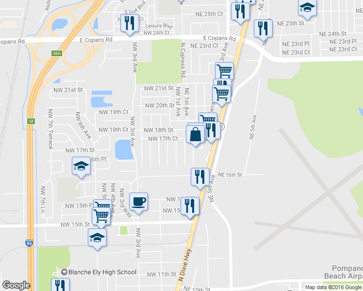 map of restaurants, bars, coffee shops, grocery stores, and more near 1681 Northeast 1st Avenue in Pompano Beach
