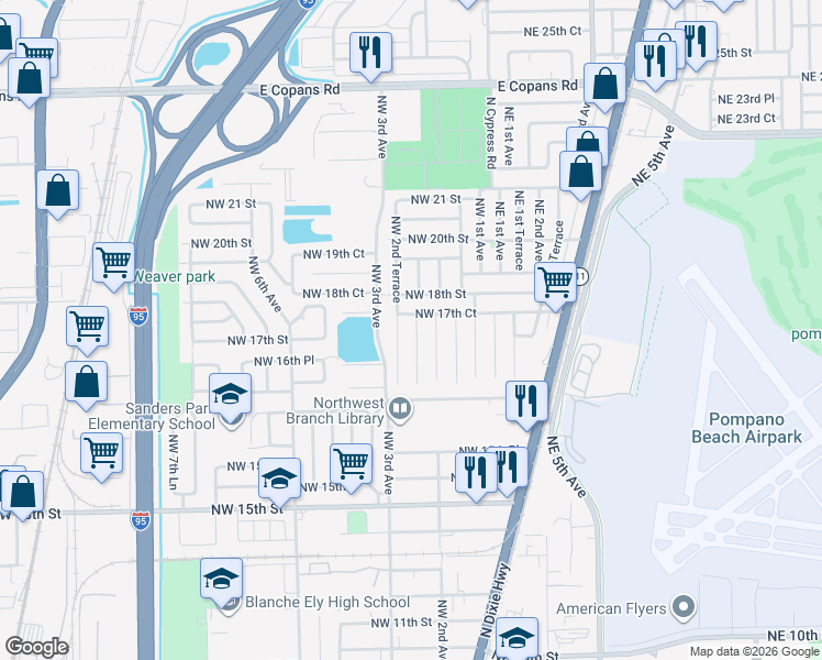 map of restaurants, bars, coffee shops, grocery stores, and more near 1681 Northwest 1st Way in Pompano Beach