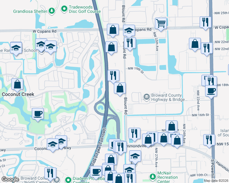 map of restaurants, bars, coffee shops, grocery stores, and more near 1771 Blount Road in Pompano Beach