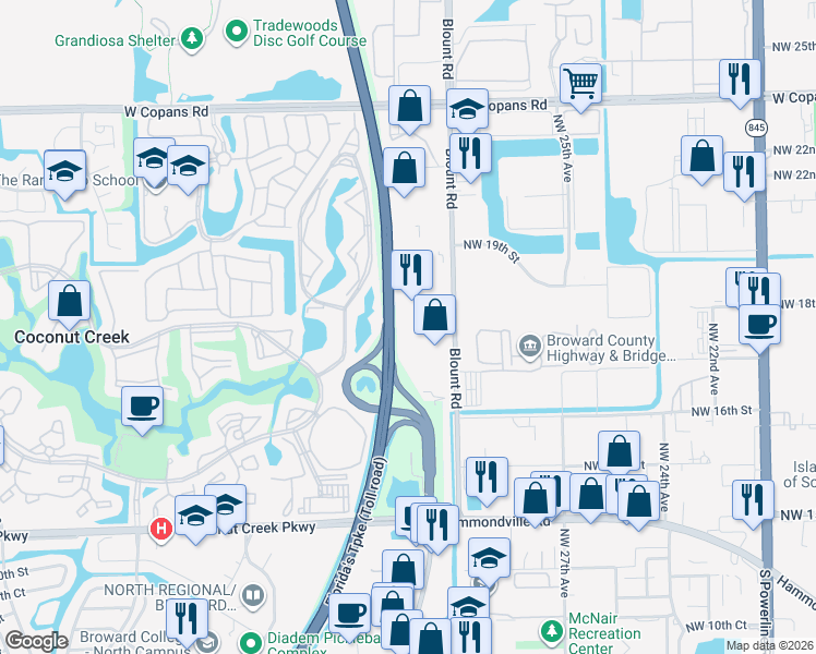 map of restaurants, bars, coffee shops, grocery stores, and more near 1771 Blount Road in Pompano Beach