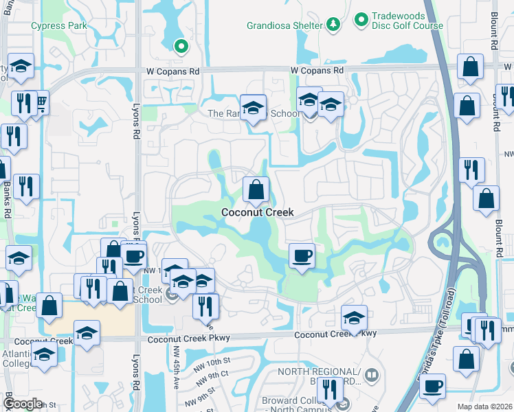 map of restaurants, bars, coffee shops, grocery stores, and more near in Coconut Creek