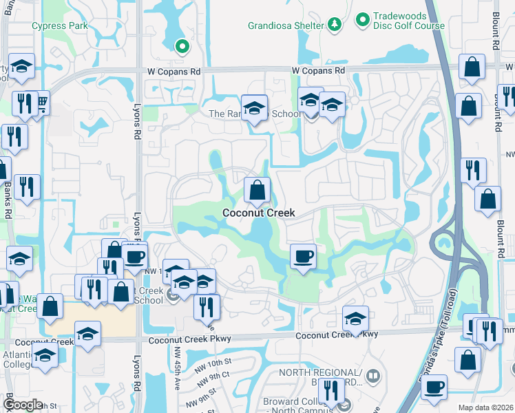map of restaurants, bars, coffee shops, grocery stores, and more near in Coconut Creek