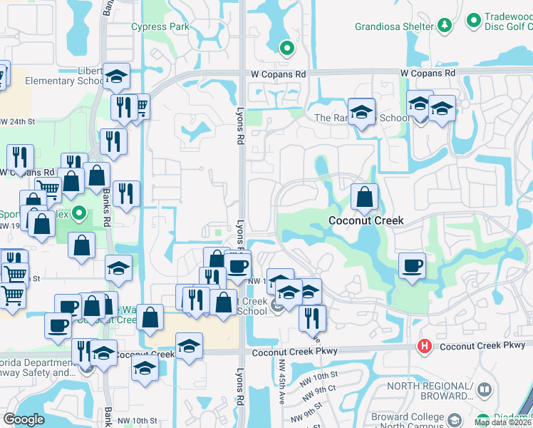 map of restaurants, bars, coffee shops, grocery stores, and more near 2404 Antigua Circle in Coconut Creek