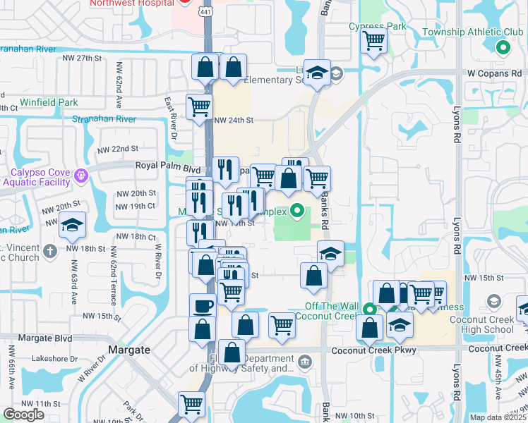 map of restaurants, bars, coffee shops, grocery stores, and more near 1900 Mears Pkwy in Margate
