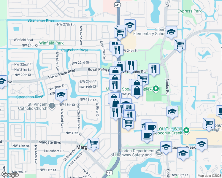 map of restaurants, bars, coffee shops, grocery stores, and more near 1855 Florida 7 in Margate