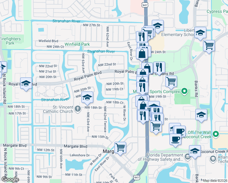 map of restaurants, bars, coffee shops, grocery stores, and more near 6134 Northwest 19th Street in Margate