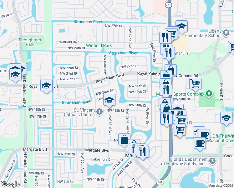 map of restaurants, bars, coffee shops, grocery stores, and more near 6300 Northwest 19th Court in Margate