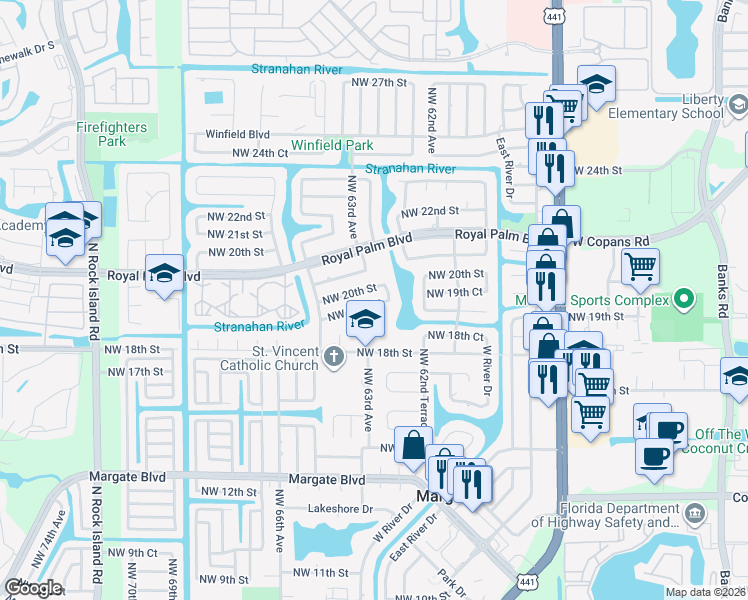 map of restaurants, bars, coffee shops, grocery stores, and more near 6300 Northwest 19th Court in Margate