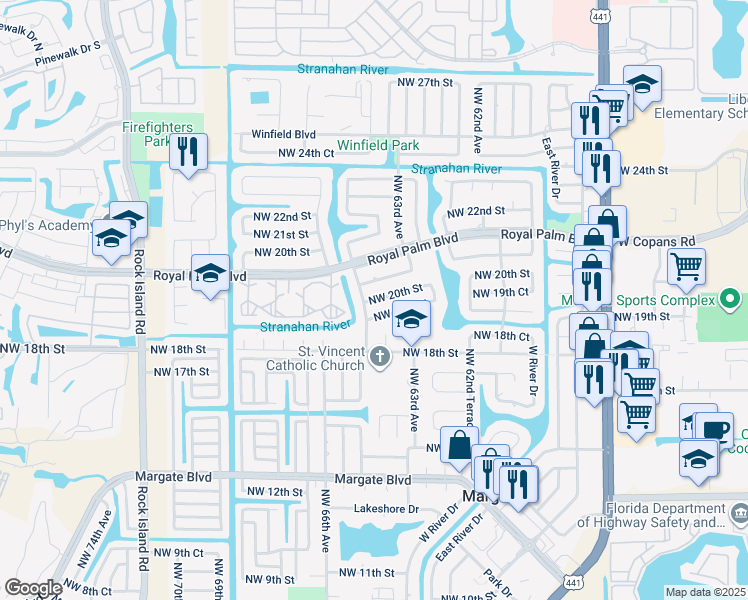 map of restaurants, bars, coffee shops, grocery stores, and more near 6453 Northwest 19th Court in Margate