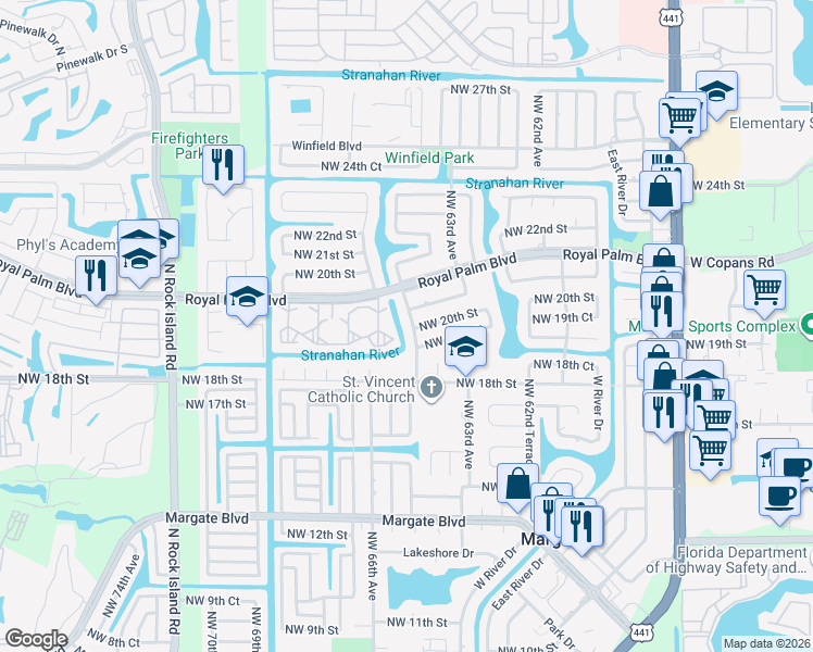 map of restaurants, bars, coffee shops, grocery stores, and more near 6570 Royal Palm Boulevard in Margate