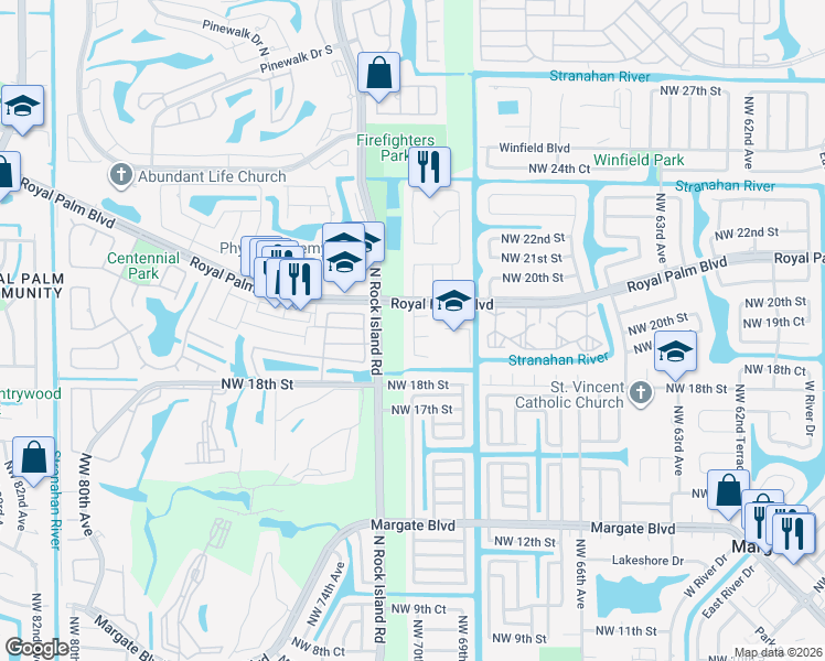 map of restaurants, bars, coffee shops, grocery stores, and more near 6981 Northwest 18th Court in Margate