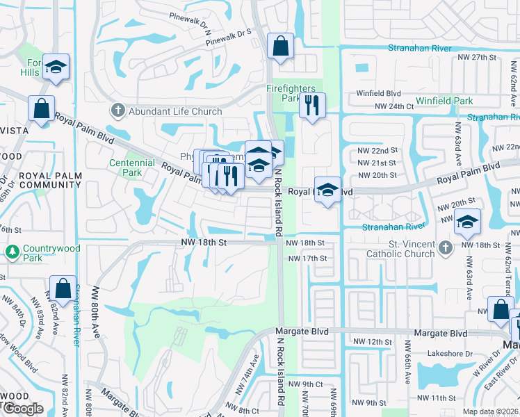 map of restaurants, bars, coffee shops, grocery stores, and more near 7366 Cypress Drive in Margate