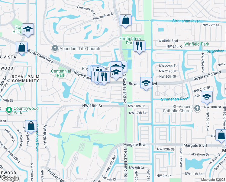map of restaurants, bars, coffee shops, grocery stores, and more near 7366 Cypress Drive in Margate