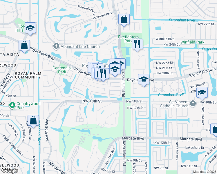 map of restaurants, bars, coffee shops, grocery stores, and more near 7366 Cypress Drive in Margate