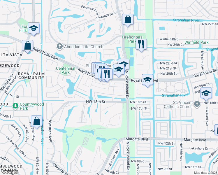 map of restaurants, bars, coffee shops, grocery stores, and more near 7439 Viscaya Circle in Margate