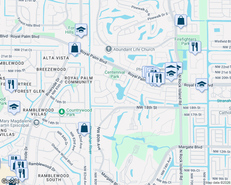 map of restaurants, bars, coffee shops, grocery stores, and more near 7805 Sunflower Drive in Margate