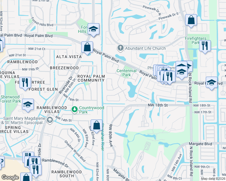 map of restaurants, bars, coffee shops, grocery stores, and more near 1805 Northwest 78th Avenue in Margate
