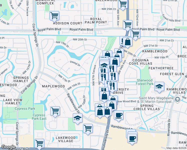 map of restaurants, bars, coffee shops, grocery stores, and more near 1648 Northwest 97th Terrace in Coral Springs