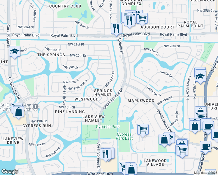 map of restaurants, bars, coffee shops, grocery stores, and more near 10675 Northwest 16th Court in Coral Springs