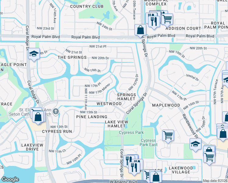 map of restaurants, bars, coffee shops, grocery stores, and more near 1641 Cypress Pointe Drive in Coral Springs