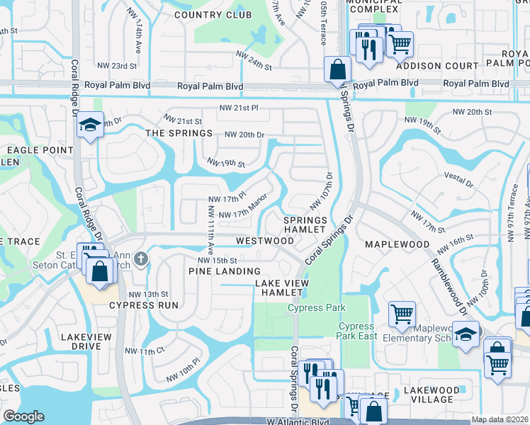 map of restaurants, bars, coffee shops, grocery stores, and more near 1680 Cypress Pointe Drive in Coral Springs