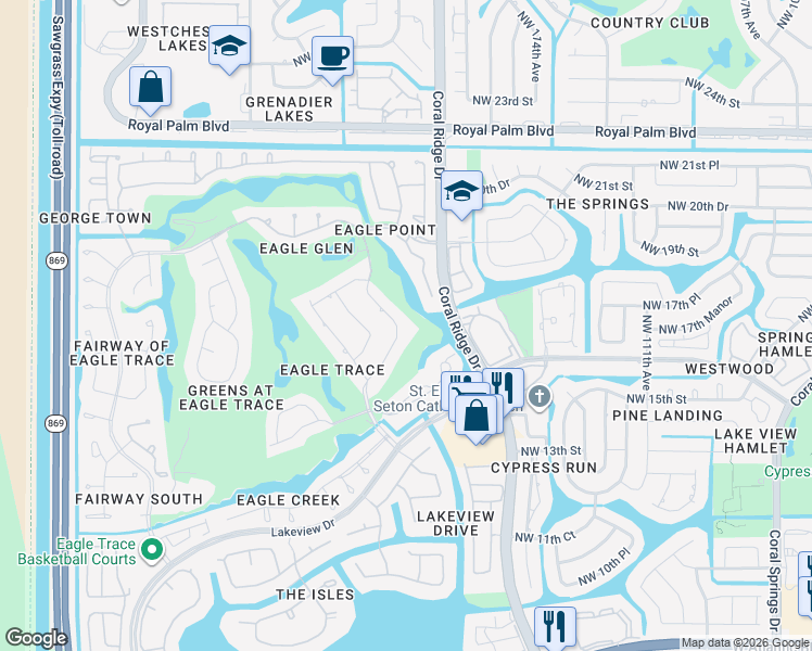 map of restaurants, bars, coffee shops, grocery stores, and more near 1815 Eagle Trace Boulevard in Coral Springs