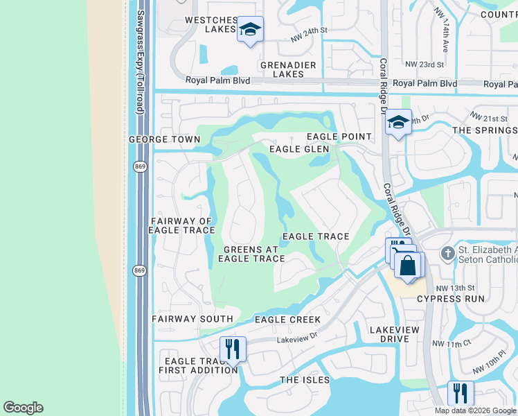 map of restaurants, bars, coffee shops, grocery stores, and more near 1723 Northwest 124th Way in Coral Springs