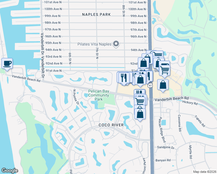 map of restaurants, bars, coffee shops, grocery stores, and more near 751 County Road 862 in Naples