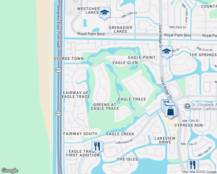 map of restaurants, bars, coffee shops, grocery stores, and more near 1723 Northwest 124th Way in Coral Springs