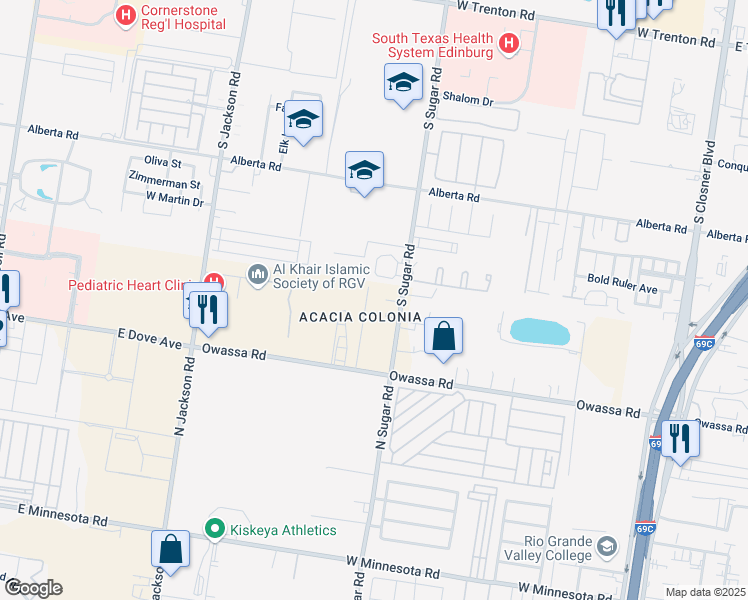 map of restaurants, bars, coffee shops, grocery stores, and more near 5507 North Sugar Road in Pharr