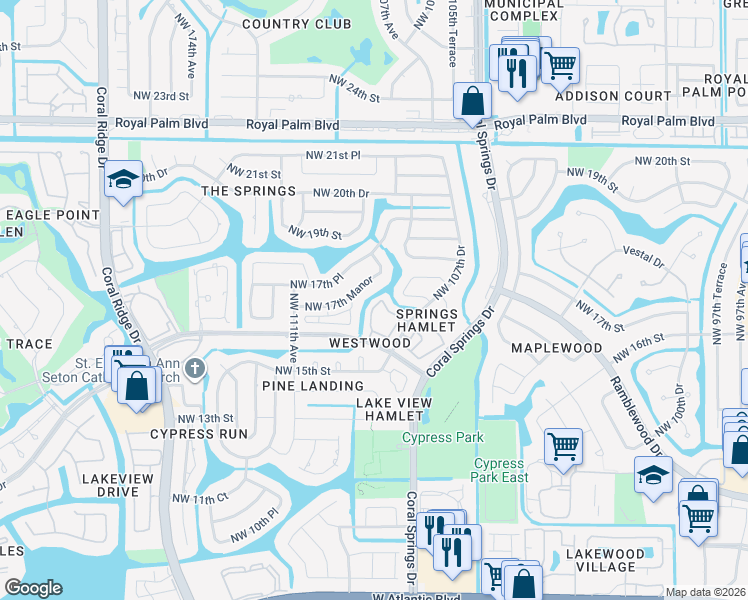 map of restaurants, bars, coffee shops, grocery stores, and more near 1680 Cypress Pointe Drive in Coral Springs