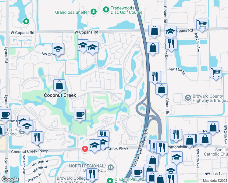 map of restaurants, bars, coffee shops, grocery stores, and more near 3501 Bimini Lane in Coconut Creek