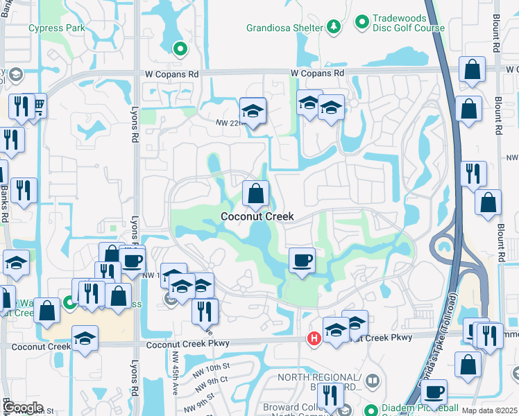 map of restaurants, bars, coffee shops, grocery stores, and more near in Coconut Creek