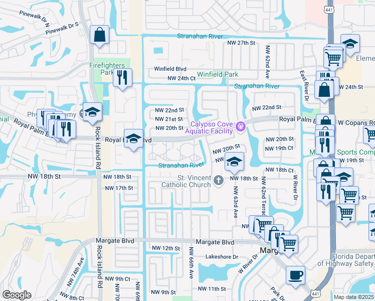 map of restaurants, bars, coffee shops, grocery stores, and more near 6670 Royal Palm Boulevard in Margate