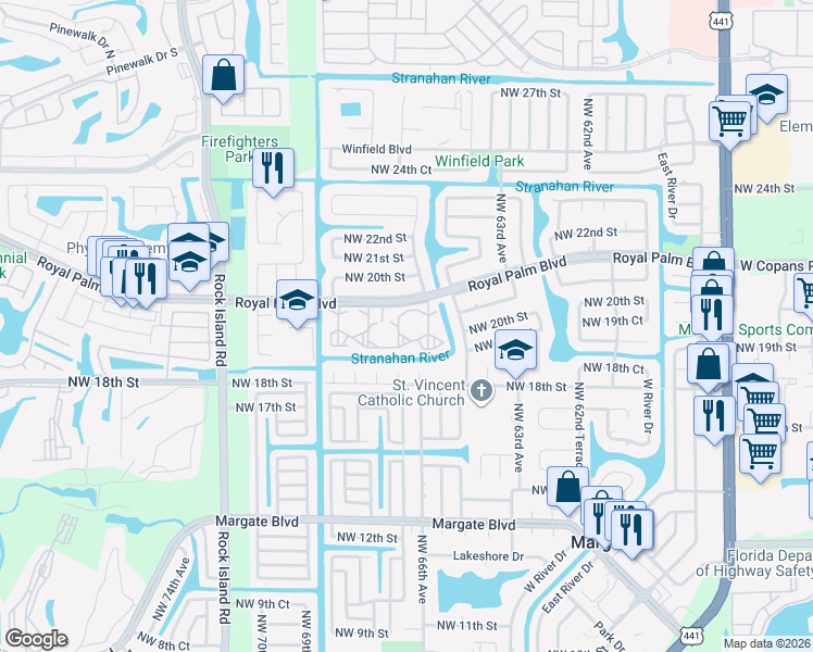 map of restaurants, bars, coffee shops, grocery stores, and more near 6670 Royal Palm Boulevard in Margate