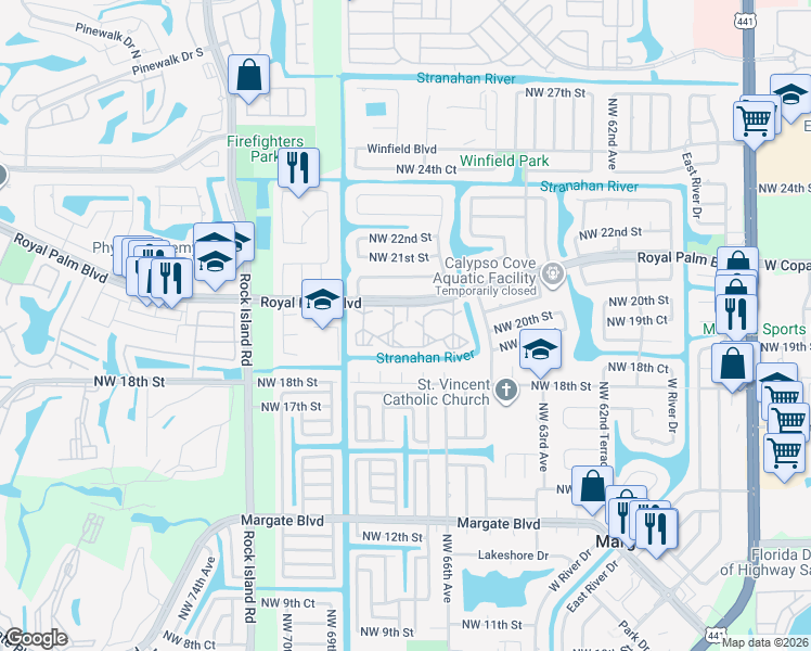 map of restaurants, bars, coffee shops, grocery stores, and more near 6750 Royal Palm Boulevard in Margate