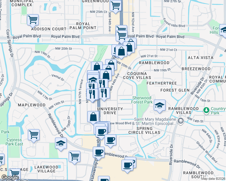 map of restaurants, bars, coffee shops, grocery stores, and more near 1677 Northwest 94th Avenue in Coral Springs