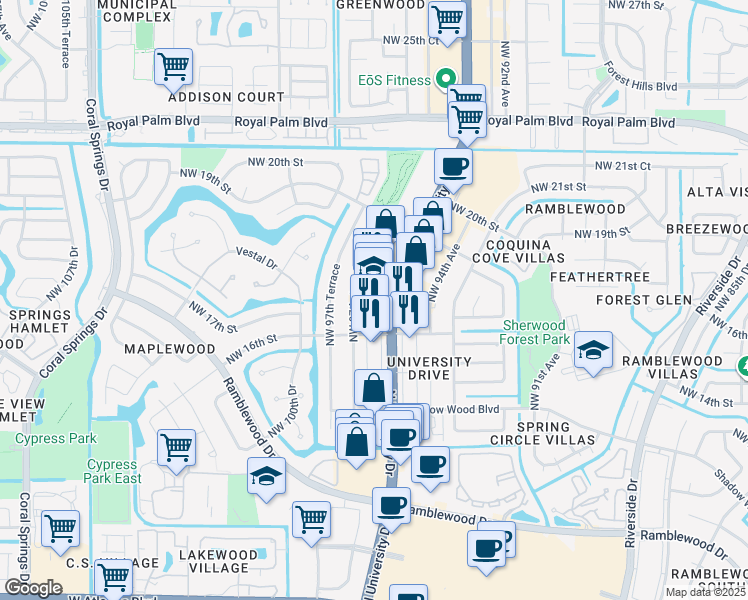map of restaurants, bars, coffee shops, grocery stores, and more near 1670 North University Drive in Coral Springs