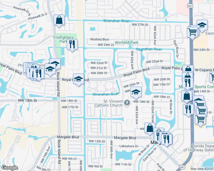 map of restaurants, bars, coffee shops, grocery stores, and more near 6670 Royal Palm Boulevard in Margate